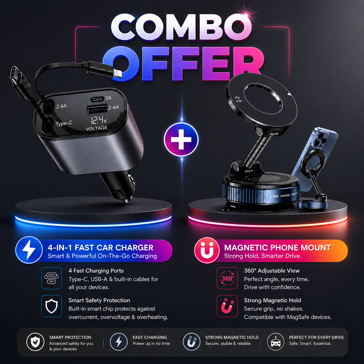 4in1 Car Charger + Magnetic Phone Holder Combo 🥳✅
