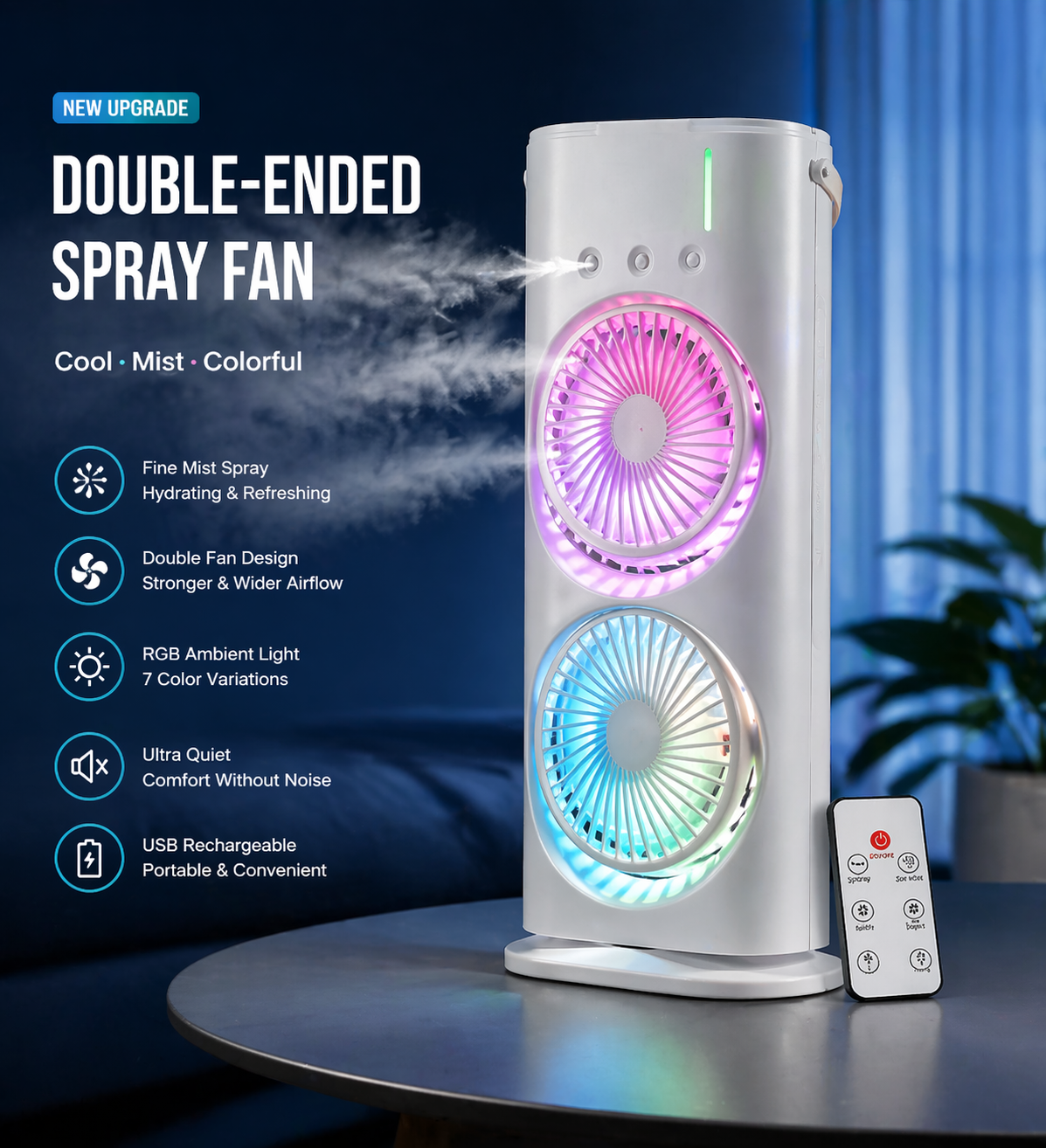 UltraCool Double Ended Spray Fan with RGB Lights & Remote Cooling Fan